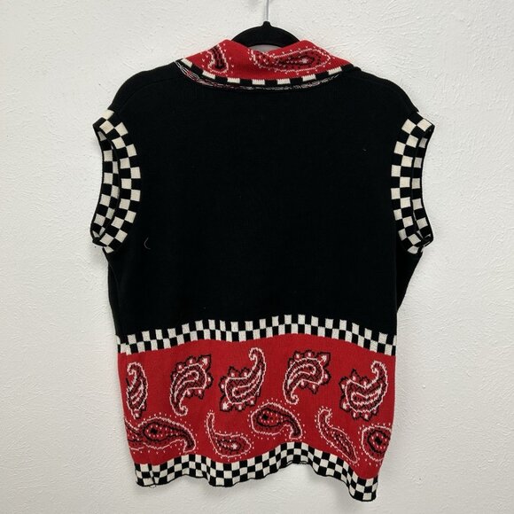 VTG 90s Red Paisley Black White Checkered Vest Artsy, Unique Buttons Quirky 2XL - Picture 2 of 11